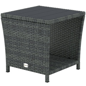 2-Tier PE Rattan Side Table with Storage Shelf, Square Outdoor Coffee Table with PS Wood Slat Top, UV-Resistant for Patio, Garden, Balcony, Grey