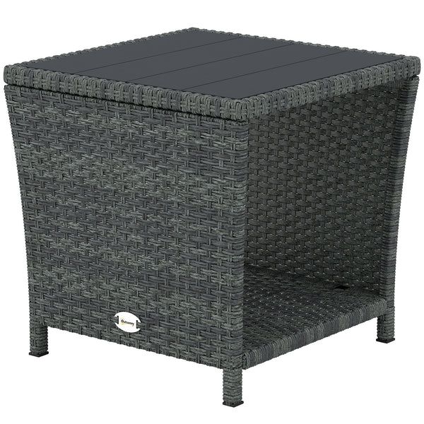 2-Tier PE Rattan Side Table with Storage Shelf, Square Outdoor Coffee Table with PS Wood Slat Top, UV-Resistant for Patio, Garden, Balcony, Grey