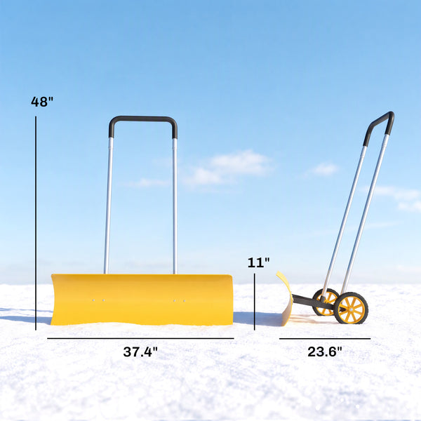 37-Inch Extra Wide Snow Shovel with Wheels, Heavy Duty Aluminum Snow Pusher with Ergonomic Adjustable Handle, Angled Blade and Non-Slip Grip for Driveway, Sidewalks, Garden, Deck, Yellow