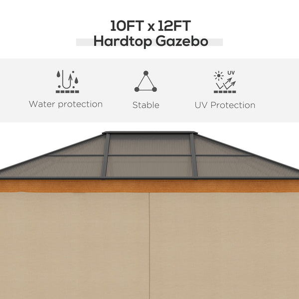 3 x 3.6 m Hardtop Gazebo Canopy, Polycarbonate Roof Garden Pavilion with Aluminium and Steel Frame, Nettings and Sidewalls for Garden, Patio, Khaki