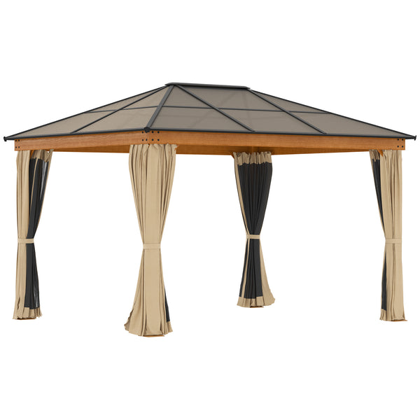 3 x 3.6 m Hardtop Gazebo Canopy, Polycarbonate Roof Garden Pavilion with Aluminium and Steel Frame, Nettings and Sidewalls for Garden, Patio, Khaki