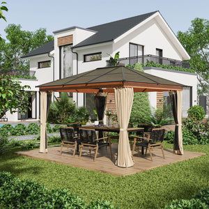 3 x 3.6 m Hardtop Gazebo Canopy, Polycarbonate Roof Garden Pavilion with Aluminium and Steel Frame, Nettings and Sidewalls for Garden, Patio, Khaki