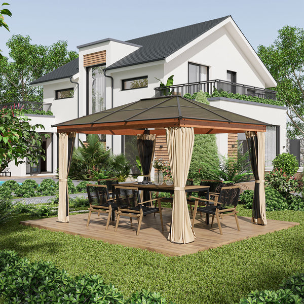 3 x 3.6 m Hardtop Gazebo Canopy, Polycarbonate Roof Garden Pavilion with Aluminium and Steel Frame, Nettings and Sidewalls for Garden, Patio, Khaki