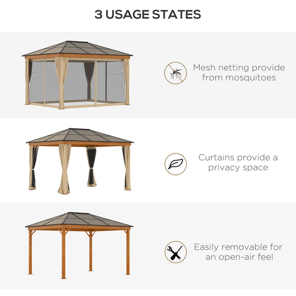 3 x 3.6 m Hardtop Gazebo Canopy, Polycarbonate Roof Garden Pavilion with Aluminium and Steel Frame, Nettings and Sidewalls for Garden, Patio, Khaki