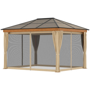 3 x 3.6 m Hardtop Gazebo Canopy, Polycarbonate Roof Garden Pavilion with Aluminium and Steel Frame, Nettings and Sidewalls for Garden, Patio, Khaki