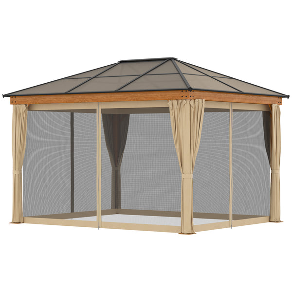 3 x 3.6 m Hardtop Gazebo Canopy, Polycarbonate Roof Garden Pavilion with Aluminium and Steel Frame, Nettings and Sidewalls for Garden, Patio, Khaki