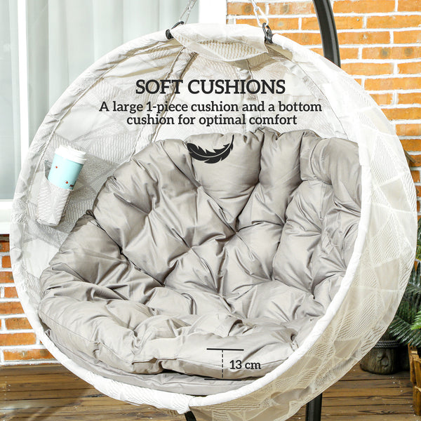 Hanging Egg Chair Outdoor Indoor Garden Swing Chair with Folding Basket, Garden Hanging Chair with Stand, Thickened Cushion, Cup Holder for Patio, Balcony, Sand Brown