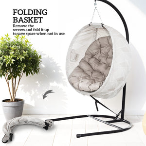 Hanging Egg Chair Outdoor Indoor Garden Swing Chair with Folding Basket, Garden Hanging Chair with Stand, Thickened Cushion, Cup Holder for Patio, Balcony, Sand Brown