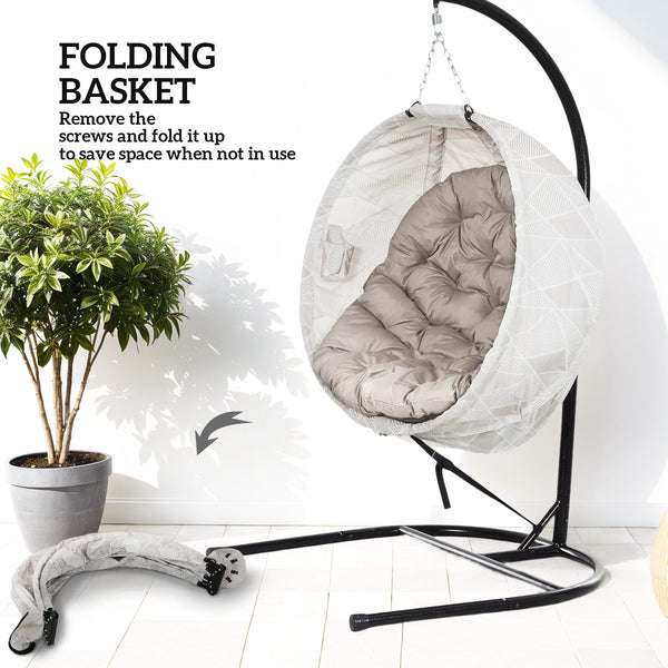 Hanging Egg Chair Outdoor Indoor Garden Swing Chair with Folding Basket, Garden Hanging Chair with Stand, Thickened Cushion, Cup Holder for Patio, Balcony, Sand Brown