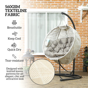 Hanging Egg Chair Outdoor Indoor Garden Swing Chair with Folding Basket, Garden Hanging Chair with Stand, Thickened Cushion, Cup Holder for Patio, Balcony, Sand Brown