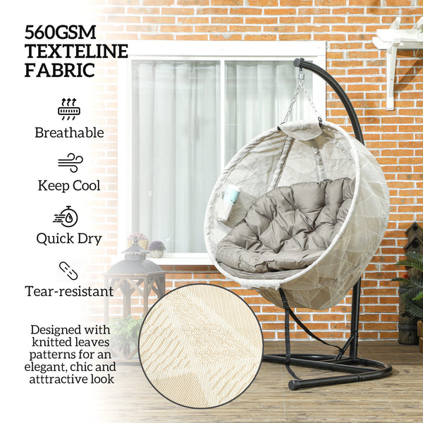 Hanging Egg Chair Outdoor Indoor Garden Swing Chair with Folding Basket, Garden Hanging Chair with Stand, Thickened Cushion, Cup Holder for Patio, Balcony, Sand Brown