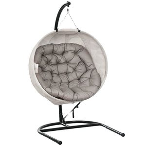Hanging Egg Chair Outdoor Indoor Garden Swing Chair with Folding Basket, Garden Hanging Chair with Stand, Thickened Cushion, Cup Holder for Patio, Balcony, Sand Brown