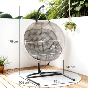 Hanging Egg Chair Outdoor Indoor Garden Swing Chair with Folding Basket, Garden Hanging Chair with Stand, Thickened Cushion, Cup Holder for Patio, Balcony, Sand Brown