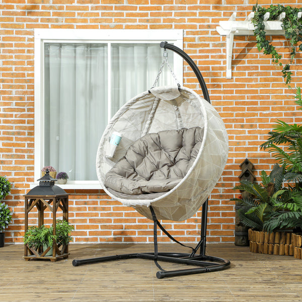 Hanging Egg Chair Outdoor Indoor Garden Swing Chair with Folding Basket, Garden Hanging Chair with Stand, Thickened Cushion, Cup Holder for Patio, Balcony, Sand Brown