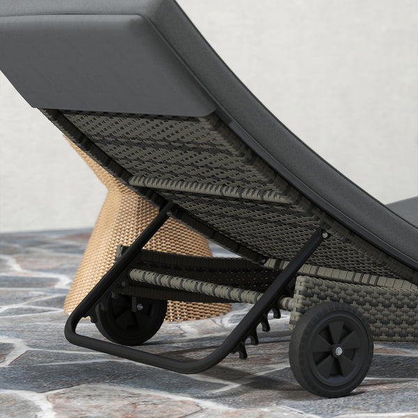Outdoor PE Rattan Sun Lounger, Wicker Garden Lounger with Cushion, 5-Level Adjustable Backrest, Rolling Sunbed with Wheels for Patio Beach, Dark Grey