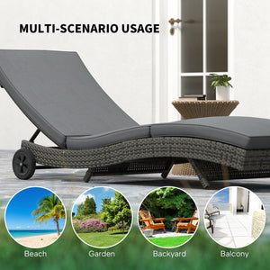 Outdoor PE Rattan Sun Lounger, Wicker Garden Lounger with Cushion, 5-Level Adjustable Backrest, Rolling Sunbed with Wheels for Patio Beach, Dark Grey