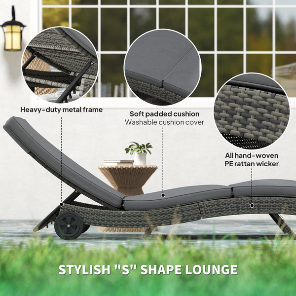 Outdoor PE Rattan Sun Lounger, Wicker Garden Lounger with Cushion, 5-Level Adjustable Backrest, Rolling Sunbed with Wheels for Patio Beach, Dark Grey