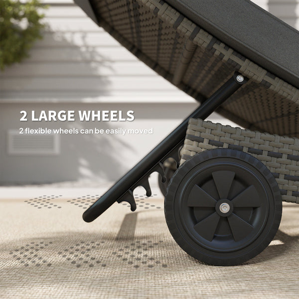 Outdoor PE Rattan Sun Lounger, Wicker Garden Lounger with Cushion, 5-Level Adjustable Backrest, Rolling Sunbed with Wheels for Patio Beach, Dark Grey