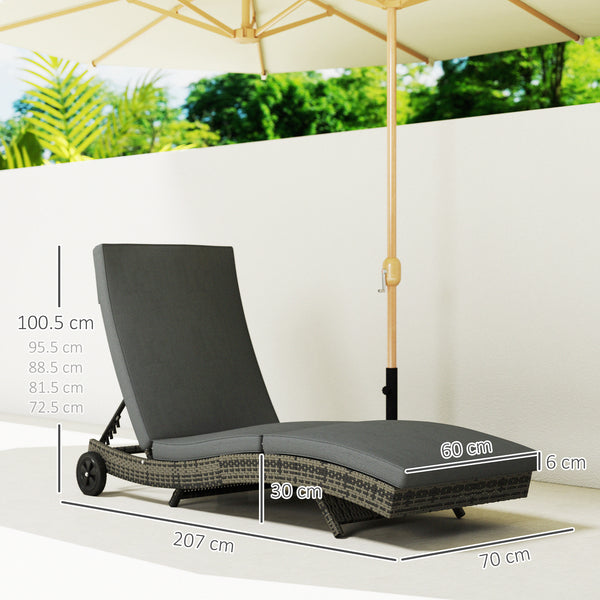 Outdoor PE Rattan Sun Lounger, Wicker Garden Lounger with Cushion, 5-Level Adjustable Backrest, Rolling Sunbed with Wheels for Patio Beach, Dark Grey