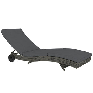 Outdoor PE Rattan Sun Lounger, Wicker Garden Lounger with Cushion, 5-Level Adjustable Backrest, Rolling Sunbed with Wheels for Patio Beach, Dark Grey