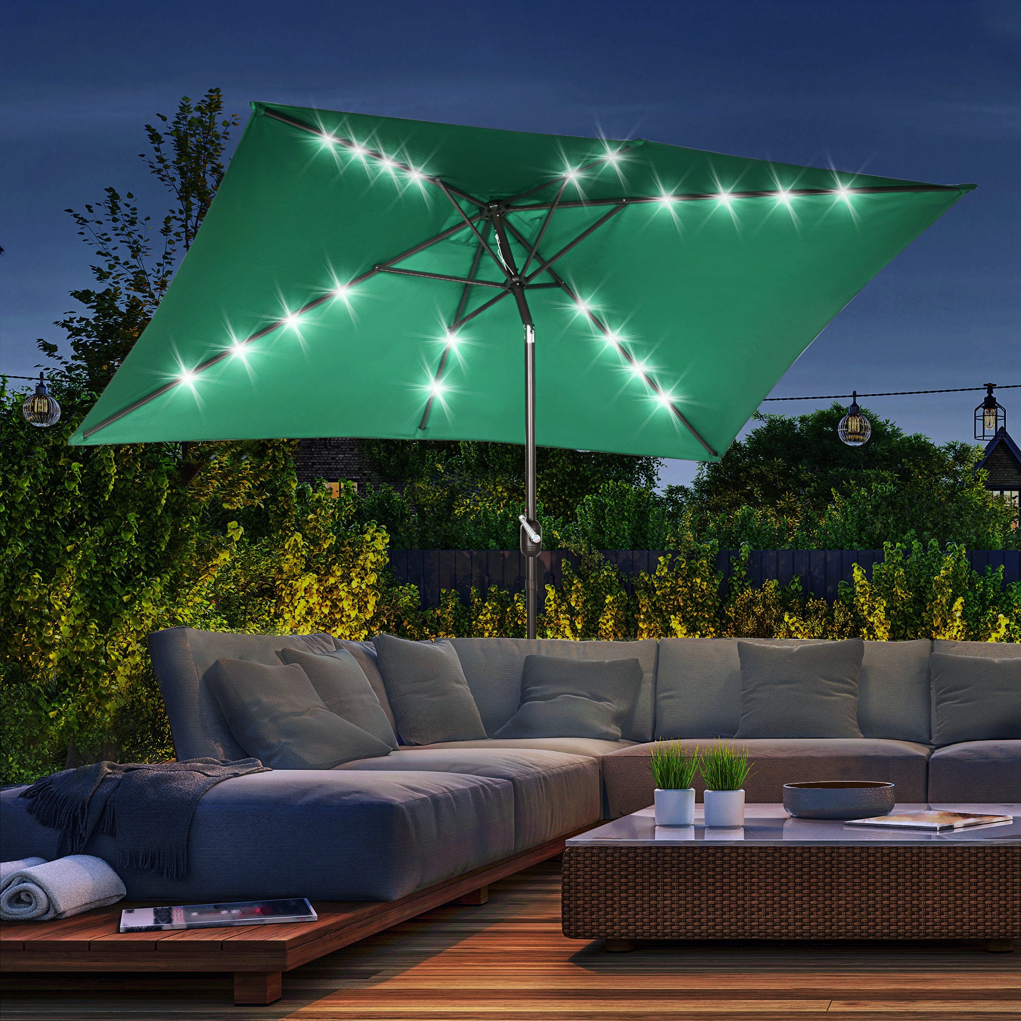 Outsunny 6.5' x 10' Solar Rectangle Market Umbrella with LEDs, Dark Green Outsunny 6.5' x 10' Solar Rectangle Market Umbrella with LEDs, Dark Green