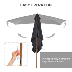7' x 10' Wooden Patio Umbrella, Rectangular Garden Parasol, Market Table Umbrella with Top Vent, Dark Grey