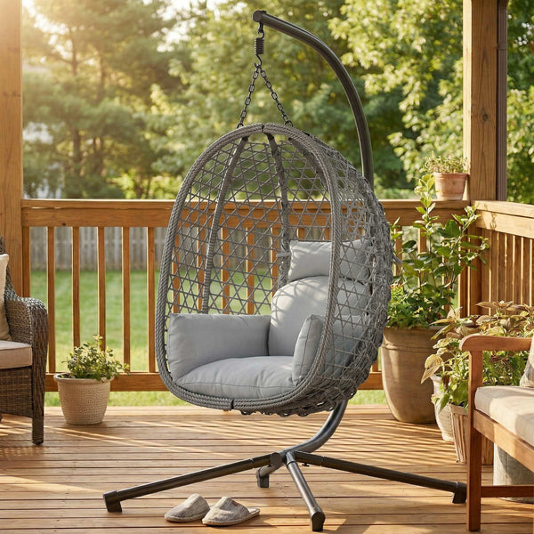 Hanging Egg Chair, Indoor Outdoor Rattan Hammock Swing Chair with Stand, Safety Strap, Foldable Basket, Thick Cushion, Headrest, Metal Frame for Garden Balcony Patio Lounge Porch, Dark Grey