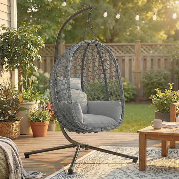 Hanging Egg Chair, Indoor Outdoor Rattan Hammock Swing Chair with Stand, Safety Strap, Foldable Basket, Thick Cushion, Headrest, Metal Frame for Garden Balcony Patio Lounge Porch, Dark Grey
