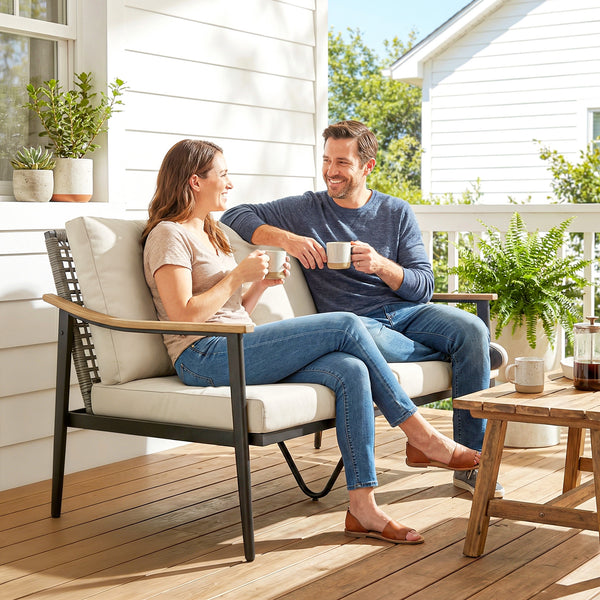 2 Seater Rattan Sofa, Outdoor Garden Sofa with Wood-Effect Armrests, PE Rattan Garden Furniture with Cushions, Steel Frame for Porch, Patio, Balcony, Khaki