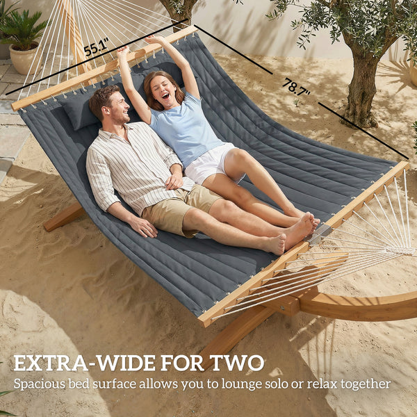 Outdoor Hammock, 2-Person Hammock with Head Pillow and Pad, Wood Spreader Bars, 440 lbs Capacity, for Patio Yard Garden, 128" x 55", Gray