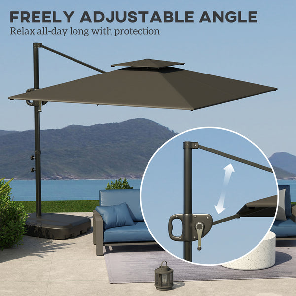 8' x 9' Square Cantilever Patio Umbrella with Fillable Base, Double Top Patio Hanging Offset Umbrella, Outdoor Cantilever Parasol with Crank & Tilt, Dark Grey