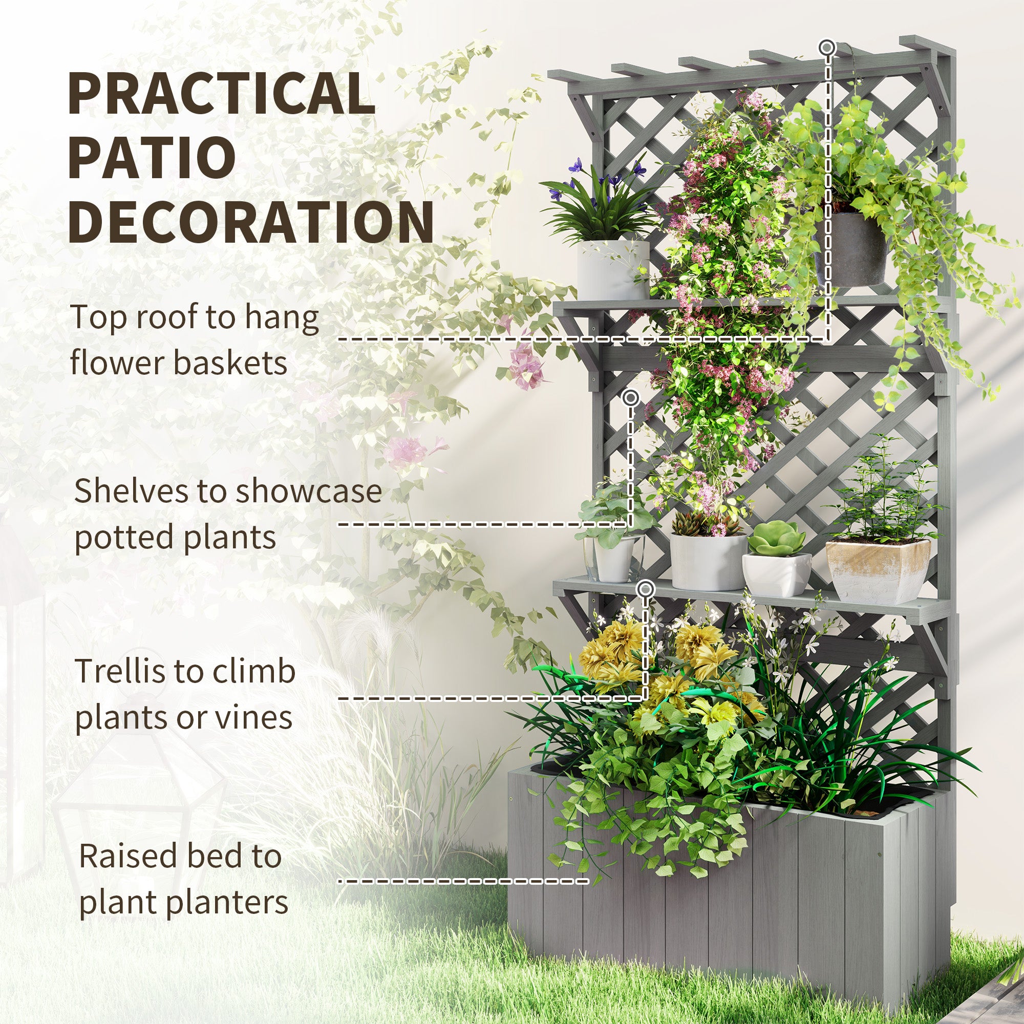 hanging plant bed Outsunny 30" x 13" x 70" Wooden Raised Garden Bed with Trellis, Hanging Roof and Plant Shelf, Grey