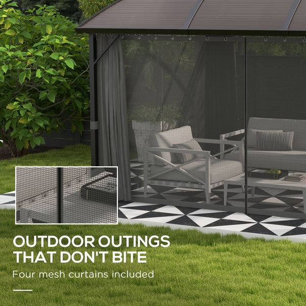 4 x 3(m) Polycarbonate Gazebo Outdoor, Hardtop Garden Patio Gazebo with Curtains, Nettings, Double Roof, Aluminium Frame for Lawn, Yard, Patio, Deck, Brown