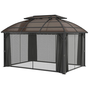 4 x 3(m) Polycarbonate Gazebo Outdoor, Hardtop Garden Patio Gazebo with Curtains, Nettings, Double Roof, Aluminium Frame for Lawn, Yard, Patio, Deck, Brown