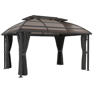 4 x 3(m) Polycarbonate Gazebo Outdoor, Hardtop Garden Patio Gazebo with Curtains, Nettings, Double Roof, Aluminium Frame for Lawn, Yard, Patio, Deck, Brown