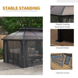 4 x 3(m) Polycarbonate Gazebo Outdoor, Hardtop Garden Patio Gazebo with Curtains, Nettings, Double Roof, Aluminium Frame for Lawn, Yard, Patio, Deck, Brown