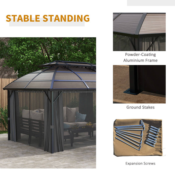 4 x 3(m) Polycarbonate Gazebo Outdoor, Hardtop Garden Patio Gazebo with Curtains, Nettings, Double Roof, Aluminium Frame for Lawn, Yard, Patio, Deck, Brown