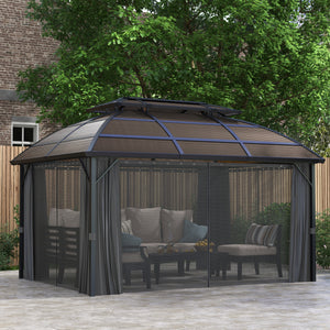 4 x 3(m) Polycarbonate Gazebo Outdoor, Hardtop Garden Patio Gazebo with Curtains, Nettings, Double Roof, Aluminium Frame for Lawn, Yard, Patio, Deck, Brown