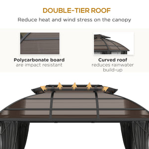 4 x 3(m) Polycarbonate Gazebo Outdoor, Hardtop Garden Patio Gazebo with Curtains, Nettings, Double Roof, Aluminium Frame for Lawn, Yard, Patio, Deck, Brown