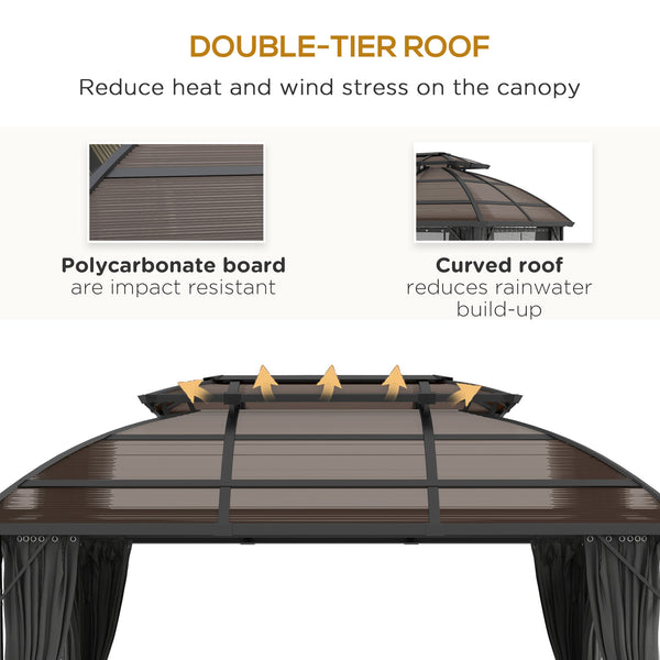 4 x 3(m) Polycarbonate Gazebo Outdoor, Hardtop Garden Patio Gazebo with Curtains, Nettings, Double Roof, Aluminium Frame for Lawn, Yard, Patio, Deck, Brown