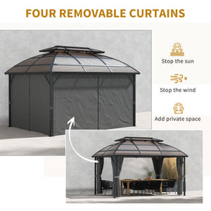4 x 3(m) Polycarbonate Gazebo Outdoor, Hardtop Garden Patio Gazebo with Curtains, Nettings, Double Roof, Aluminium Frame for Lawn, Yard, Patio, Deck, Brown