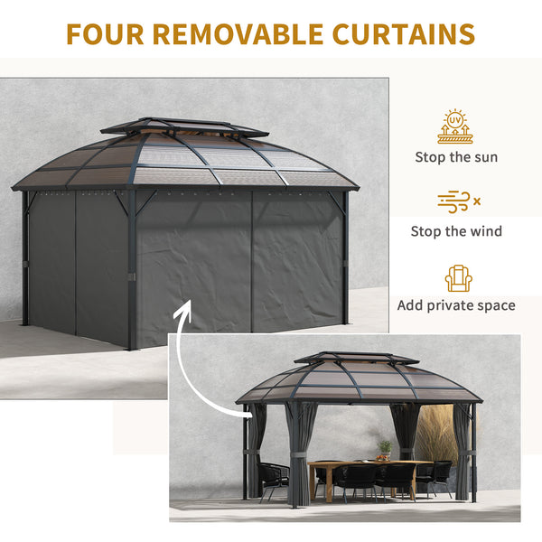 4 x 3(m) Polycarbonate Gazebo Outdoor, Hardtop Garden Patio Gazebo with Curtains, Nettings, Double Roof, Aluminium Frame for Lawn, Yard, Patio, Deck, Brown