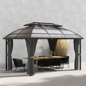 4 x 3(m) Polycarbonate Gazebo Outdoor, Hardtop Garden Patio Gazebo with Curtains, Nettings, Double Roof, Aluminium Frame for Lawn, Yard, Patio, Deck, Brown