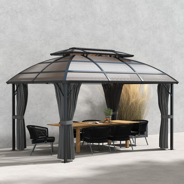 4 x 3(m) Polycarbonate Gazebo Outdoor, Hardtop Garden Patio Gazebo with Curtains, Nettings, Double Roof, Aluminium Frame for Lawn, Yard, Patio, Deck, Brown
