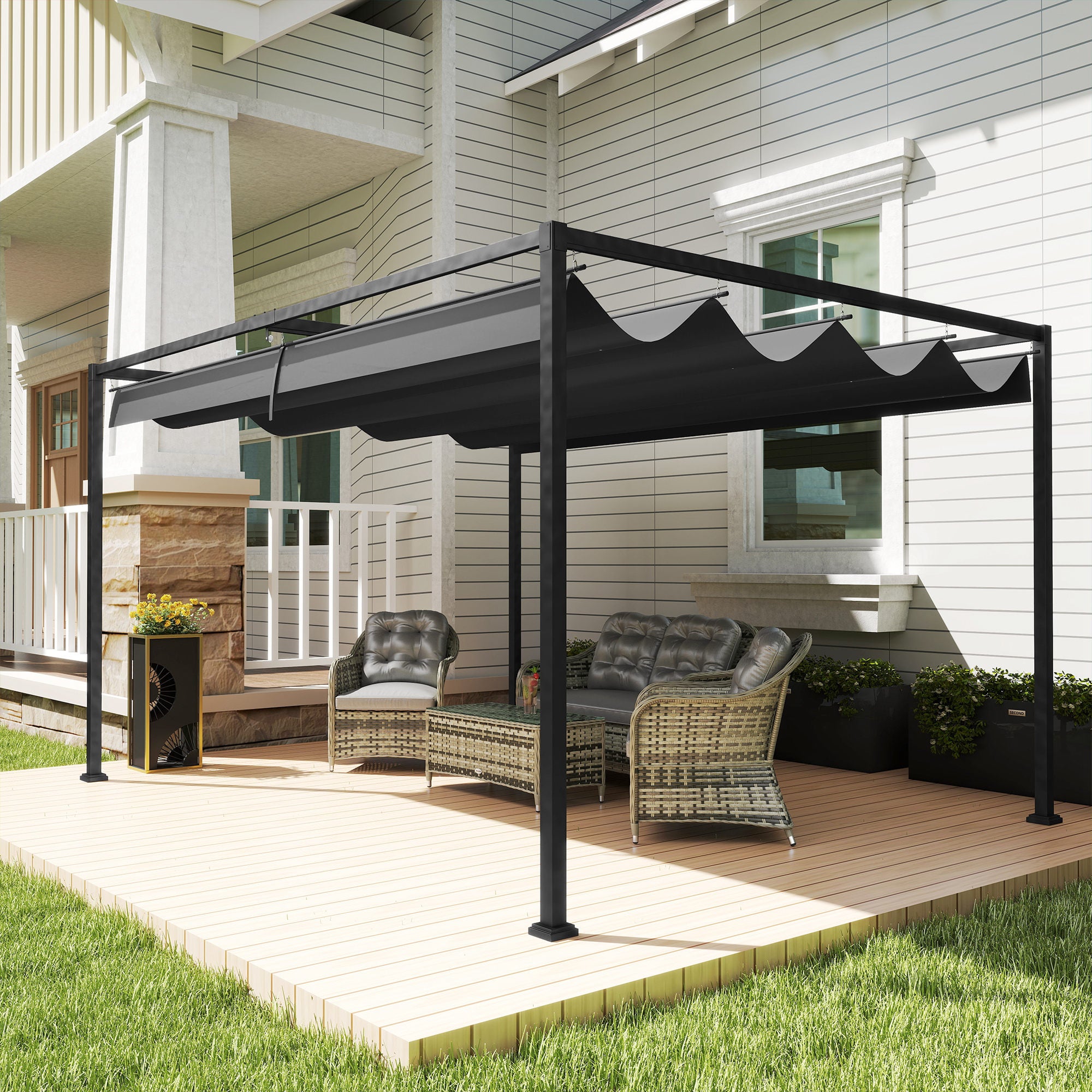 outsunny markise 4x3 Outsunny 4 x 3m Aluminium Garden Pergola with Retractable Roof & Grommet Holes for Patio, Lawn, Black