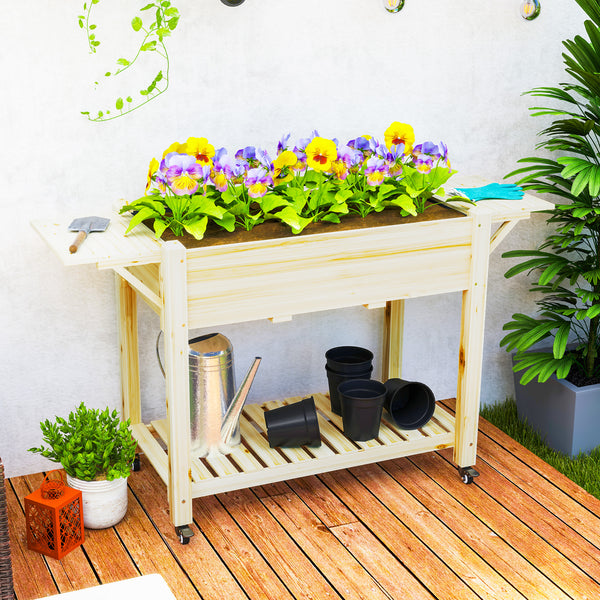 Raised Garden Bed, Elevated Wood Planter Box with Lockable Wheels, Foldable Side Tables and Bottom Shelf, Raised Planter with Bed Liner and Drainage Holes, Natural