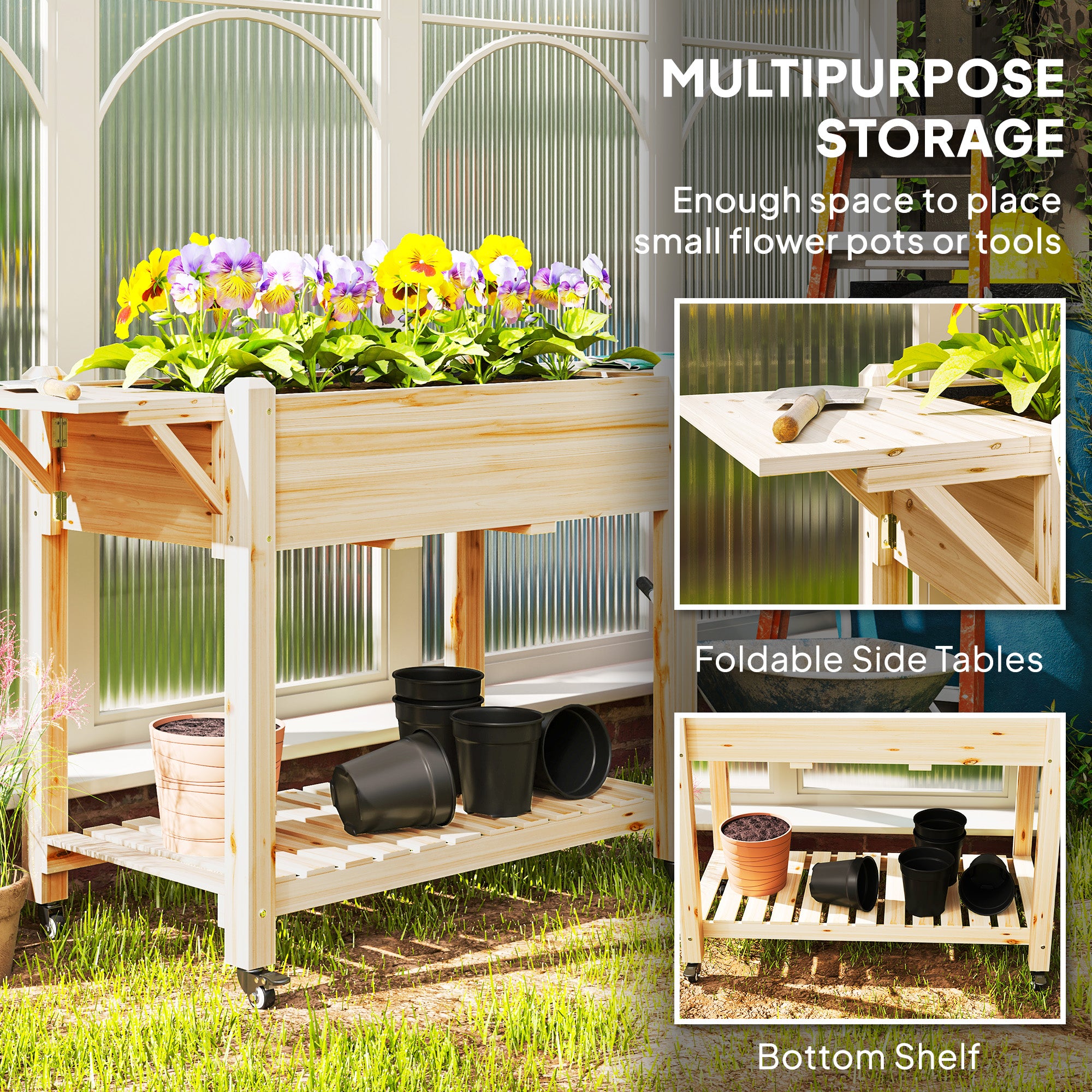 lockable plant pots Outsunny Wooden Elevated Planter Box with Lockable Wheels, Side Tables and Bottom Shelf, Natural
