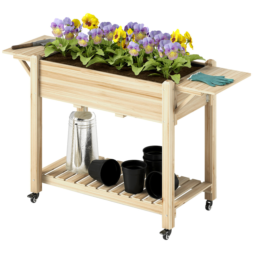 Raised Garden Bed, Elevated Wood Planter Box with Lockable Wheels, Foldable Side Tables and Bottom Shelf, Raised Planter with Bed Liner and Drainage Holes, Natural