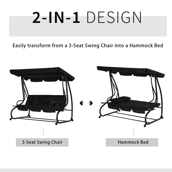 Outsunny 3-Seat Outdoor Patio Swing Chair, Converting Flatbed, Outdoor Swing Glider with Adjustable Canopy, Removable Cushion and Pillows, for Porch, Garden, Poolside, Backyard, Black