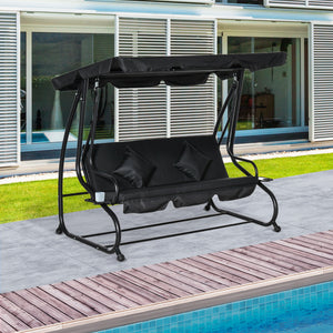 Outsunny 3-Seat Outdoor Patio Swing Chair, Converting Flatbed, Outdoor Swing Glider with Adjustable Canopy, Removable Cushion and Pillows, for Porch, Garden, Poolside, Backyard, Black